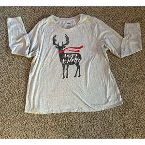 Sonoma Women's "Happy Holiday" Reindeer Gray Long Sleeve Tee‎ Size 1X